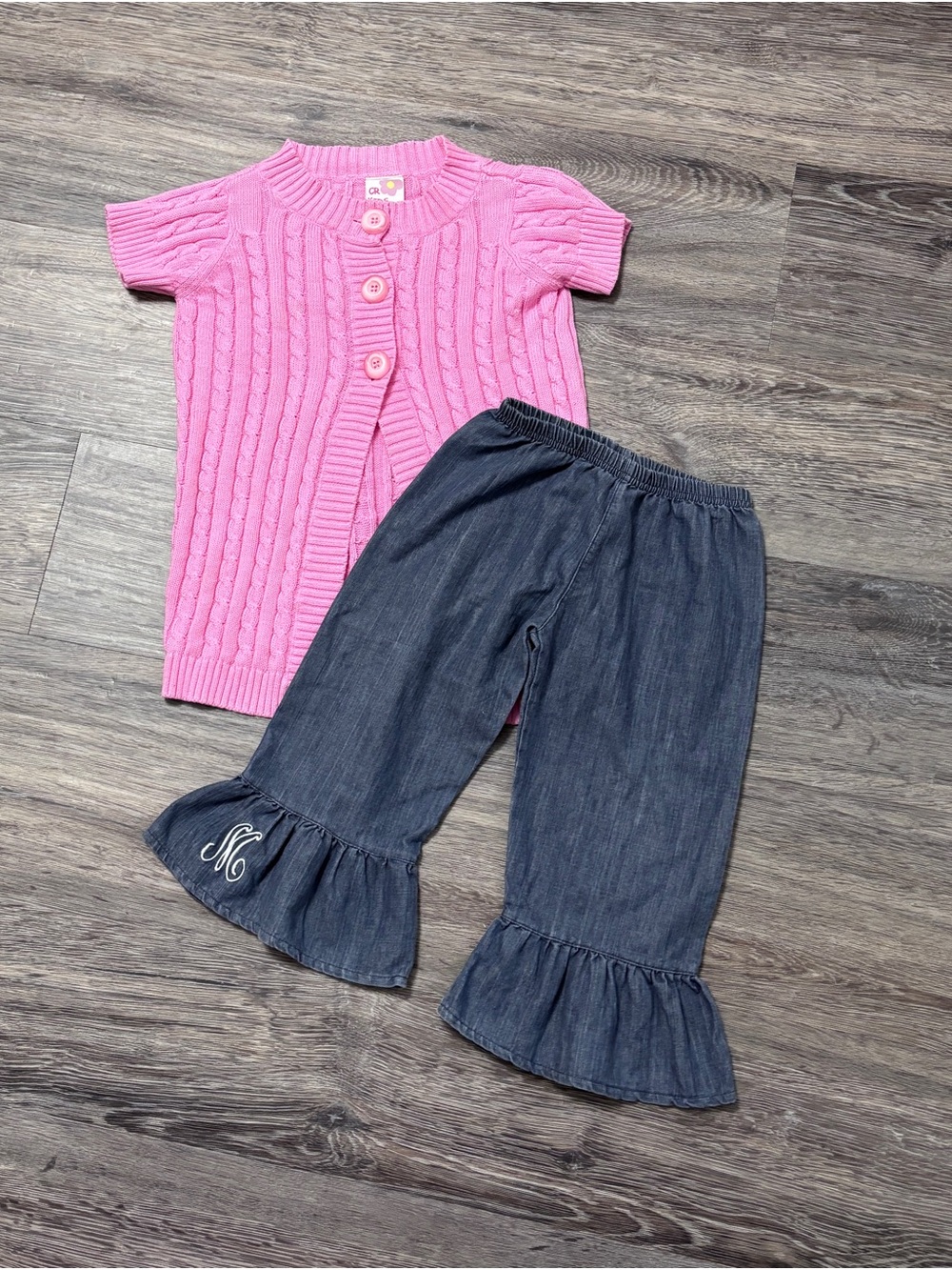 Girls 4T Set Princess Linens Monogrammed “M”Ruffle Pants & Pink CR Kids Sweater